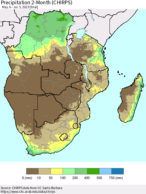Southern Africa Precipitation 2-Month (CHIRPS) Thematic Map For 5/6/2023 - 7/5/2023