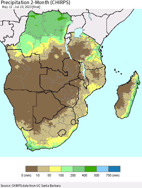 Southern Africa Precipitation 2-Month (CHIRPS) Thematic Map For 5/11/2023 - 7/10/2023
