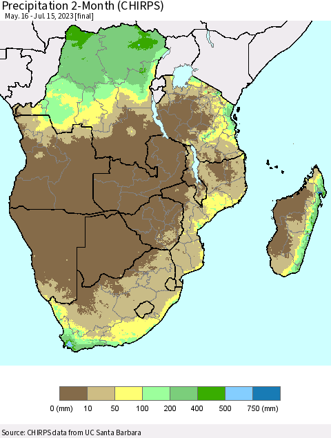 Southern Africa Precipitation 2-Month (CHIRPS) Thematic Map For 5/16/2023 - 7/15/2023