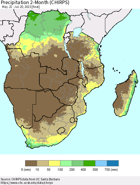 Southern Africa Precipitation 2-Month (CHIRPS) Thematic Map For 5/21/2023 - 7/20/2023