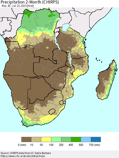 Southern Africa Precipitation 2-Month (CHIRPS) Thematic Map For 5/26/2023 - 7/25/2023