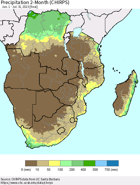 Southern Africa Precipitation 2-Month (CHIRPS) Thematic Map For 6/1/2023 - 7/31/2023