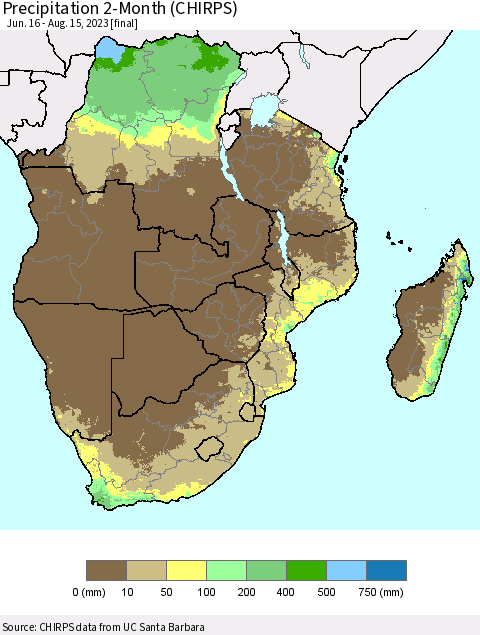 Southern Africa Precipitation 2-Month (CHIRPS) Thematic Map For 6/16/2023 - 8/15/2023