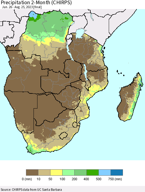 Southern Africa Precipitation 2-Month (CHIRPS) Thematic Map For 6/26/2023 - 8/25/2023