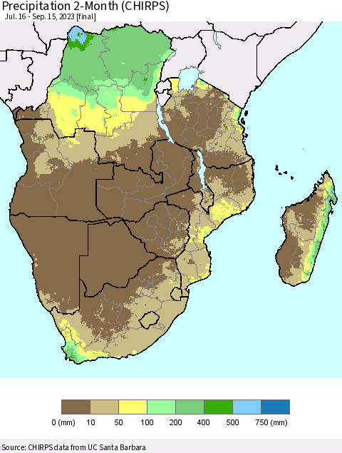 Southern Africa Precipitation 2-Month (CHIRPS) Thematic Map For 7/16/2023 - 9/15/2023