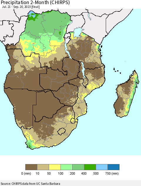 Southern Africa Precipitation 2-Month (CHIRPS) Thematic Map For 7/21/2023 - 9/20/2023