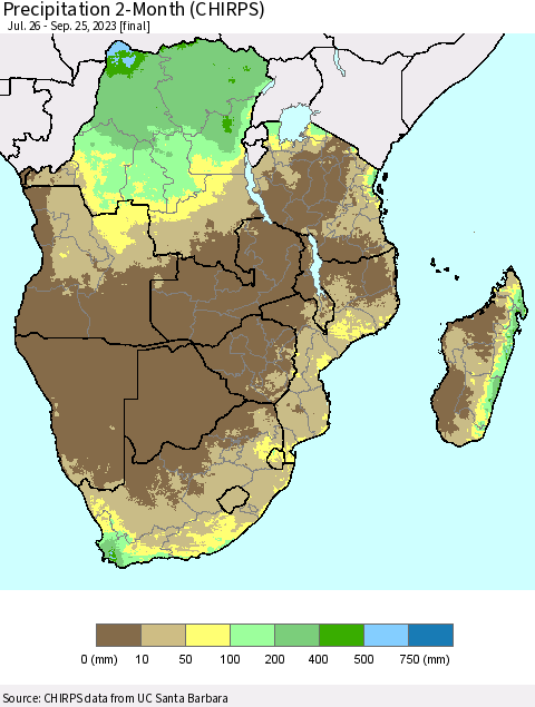 Southern Africa Precipitation 2-Month (CHIRPS) Thematic Map For 7/26/2023 - 9/25/2023