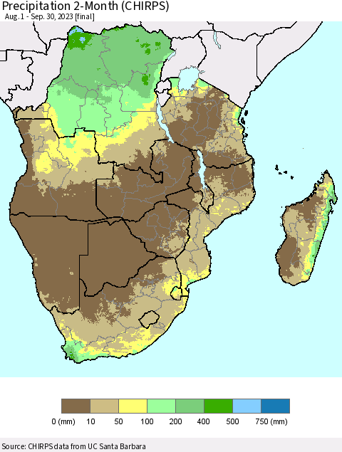 Southern Africa Precipitation 2-Month (CHIRPS) Thematic Map For 8/1/2023 - 9/30/2023