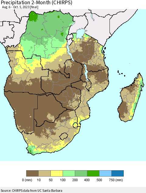 Southern Africa Precipitation 2-Month (CHIRPS) Thematic Map For 8/6/2023 - 10/5/2023
