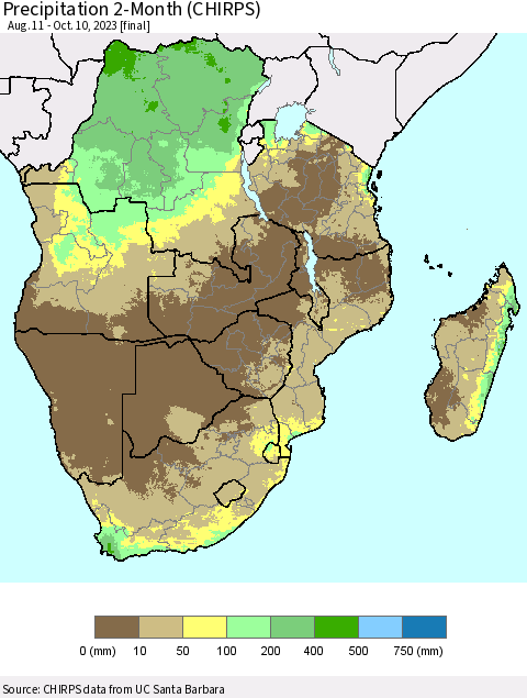 Southern Africa Precipitation 2-Month (CHIRPS) Thematic Map For 8/11/2023 - 10/10/2023