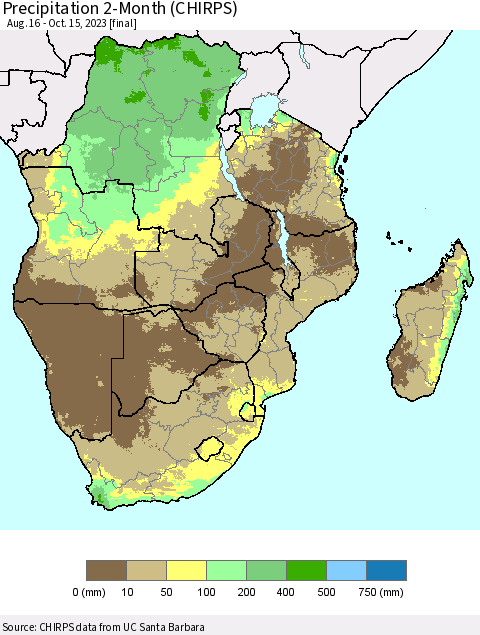 Southern Africa Precipitation 2-Month (CHIRPS) Thematic Map For 8/16/2023 - 10/15/2023