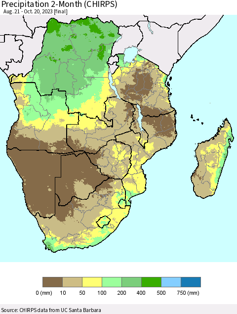 Southern Africa Precipitation 2-Month (CHIRPS) Thematic Map For 8/21/2023 - 10/20/2023