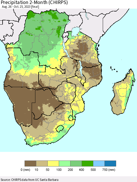 Southern Africa Precipitation 2-Month (CHIRPS) Thematic Map For 8/26/2023 - 10/25/2023