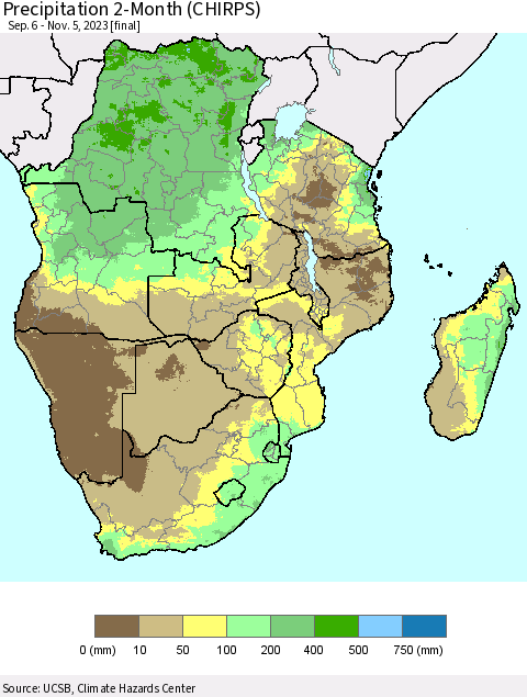 Southern Africa Precipitation 2-Month (CHIRPS) Thematic Map For 9/6/2023 - 11/5/2023