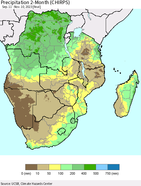 Southern Africa Precipitation 2-Month (CHIRPS) Thematic Map For 9/11/2023 - 11/10/2023