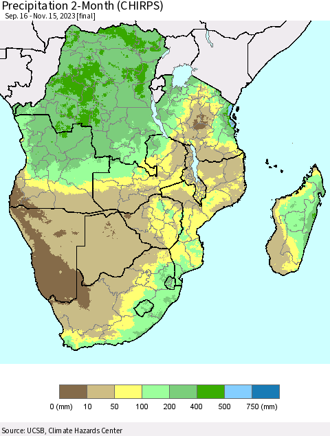 Southern Africa Precipitation 2-Month (CHIRPS) Thematic Map For 9/16/2023 - 11/15/2023