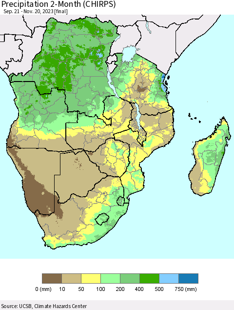 Southern Africa Precipitation 2-Month (CHIRPS) Thematic Map For 9/21/2023 - 11/20/2023