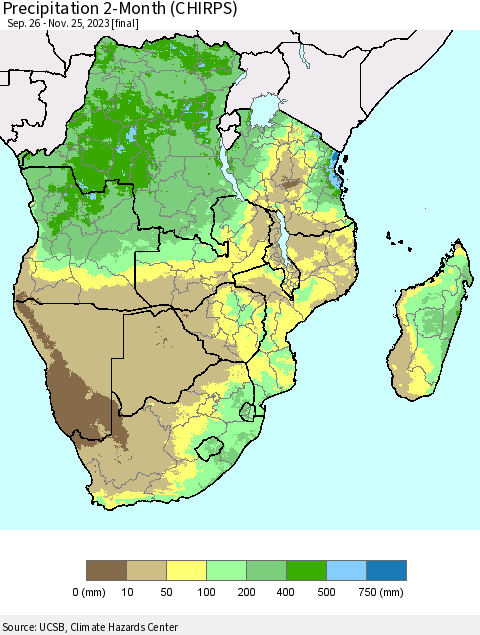 Southern Africa Precipitation 2-Month (CHIRPS) Thematic Map For 9/26/2023 - 11/25/2023