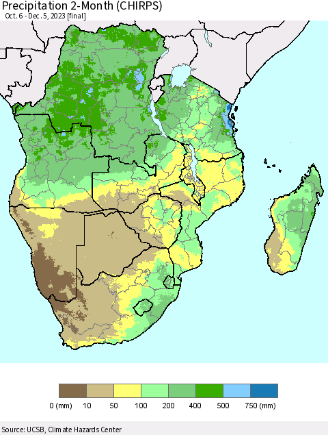 Southern Africa Precipitation 2-Month (CHIRPS) Thematic Map For 10/6/2023 - 12/5/2023