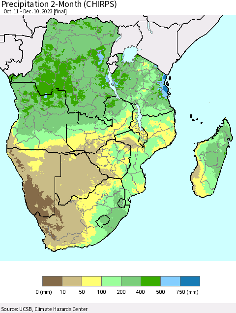 Southern Africa Precipitation 2-Month (CHIRPS) Thematic Map For 10/11/2023 - 12/10/2023