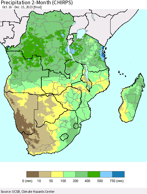 Southern Africa Precipitation 2-Month (CHIRPS) Thematic Map For 10/16/2023 - 12/15/2023