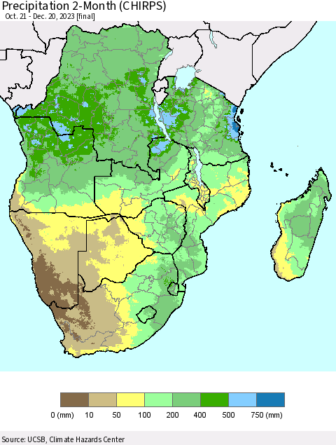 Southern Africa Precipitation 2-Month (CHIRPS) Thematic Map For 10/21/2023 - 12/20/2023