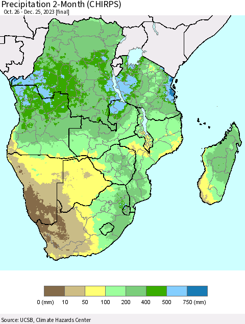 Southern Africa Precipitation 2-Month (CHIRPS) Thematic Map For 10/26/2023 - 12/25/2023