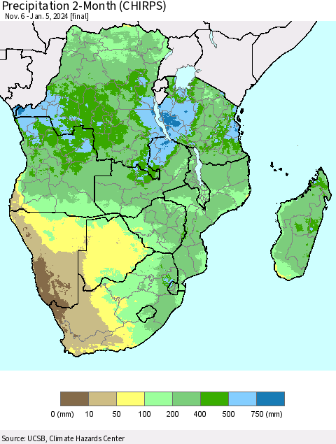Southern Africa Precipitation 2-Month (CHIRPS) Thematic Map For 11/6/2023 - 1/5/2024