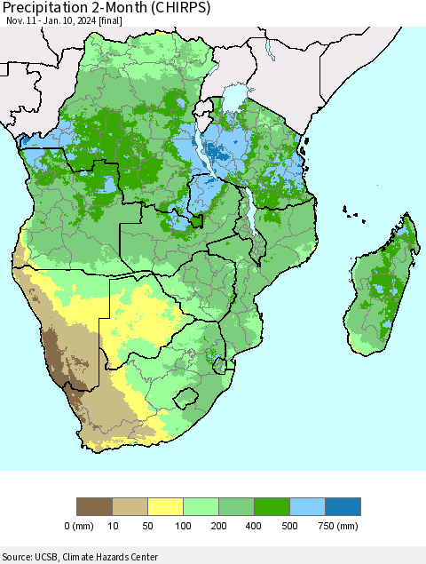 Southern Africa Precipitation 2-Month (CHIRPS) Thematic Map For 11/11/2023 - 1/10/2024