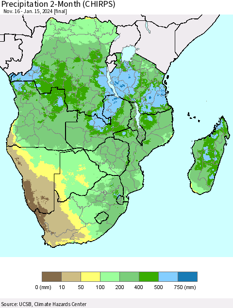 Southern Africa Precipitation 2-Month (CHIRPS) Thematic Map For 11/16/2023 - 1/15/2024