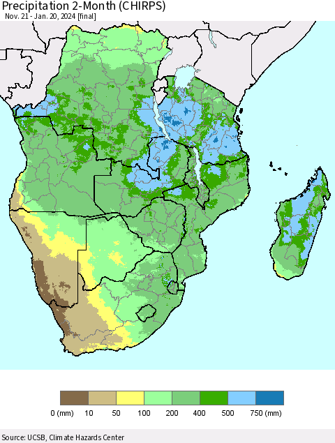 Southern Africa Precipitation 2-Month (CHIRPS) Thematic Map For 11/21/2023 - 1/20/2024