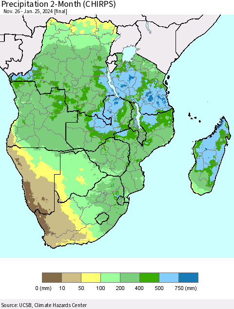 Southern Africa Precipitation 2-Month (CHIRPS) Thematic Map For 11/26/2023 - 1/25/2024