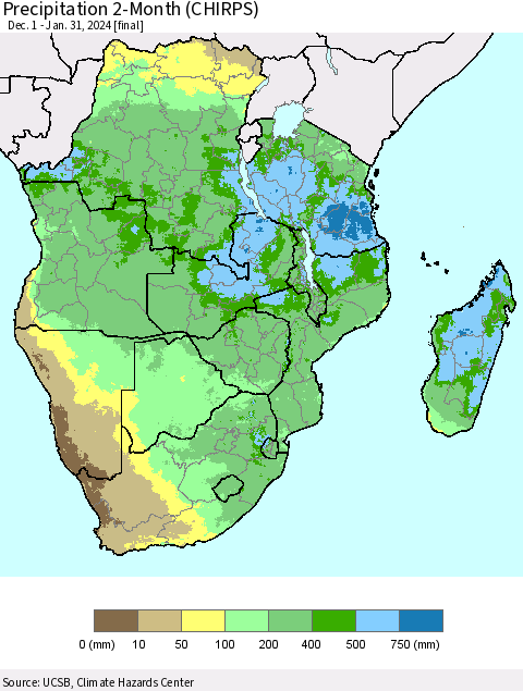 Southern Africa Precipitation 2-Month (CHIRPS) Thematic Map For 12/1/2023 - 1/31/2024