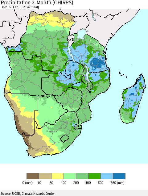 Southern Africa Precipitation 2-Month (CHIRPS) Thematic Map For 12/6/2023 - 2/5/2024