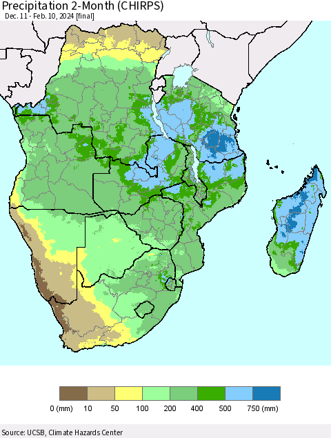 Southern Africa Precipitation 2-Month (CHIRPS) Thematic Map For 12/11/2023 - 2/10/2024