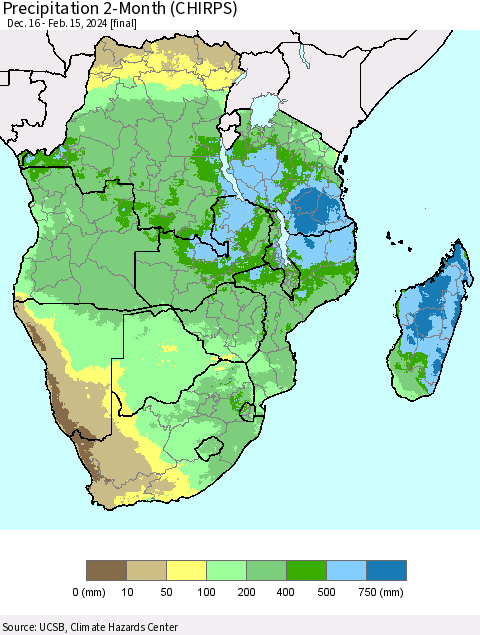 Southern Africa Precipitation 2-Month (CHIRPS) Thematic Map For 12/16/2023 - 2/15/2024