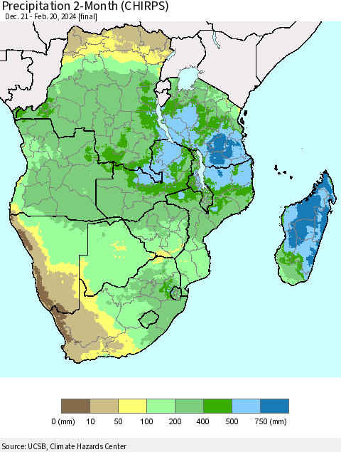 Southern Africa Precipitation 2-Month (CHIRPS) Thematic Map For 12/21/2023 - 2/20/2024