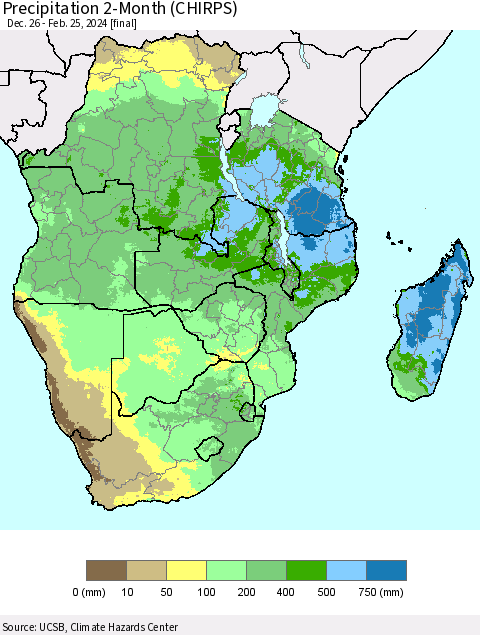 Southern Africa Precipitation 2-Month (CHIRPS) Thematic Map For 12/26/2023 - 2/25/2024