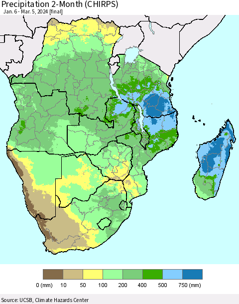 Southern Africa Precipitation 2-Month (CHIRPS) Thematic Map For 1/6/2024 - 3/5/2024
