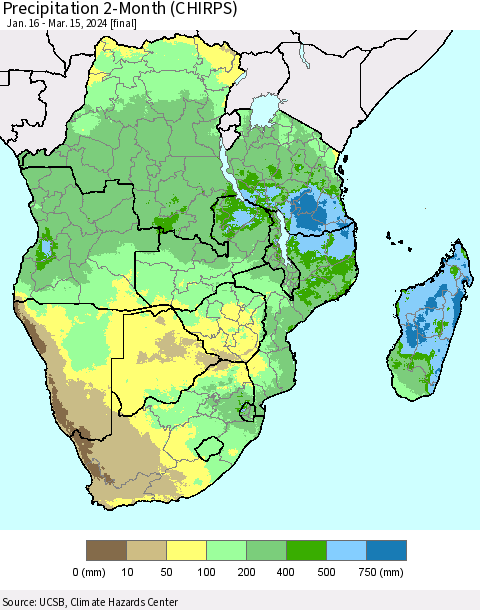 Southern Africa Precipitation 2-Month (CHIRPS) Thematic Map For 1/16/2024 - 3/15/2024