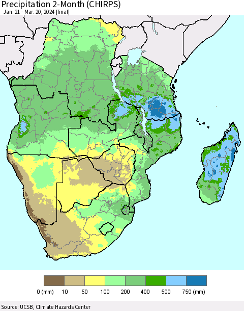 Southern Africa Precipitation 2-Month (CHIRPS) Thematic Map For 1/21/2024 - 3/20/2024