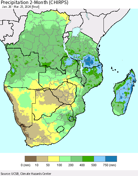 Southern Africa Precipitation 2-Month (CHIRPS) Thematic Map For 1/26/2024 - 3/25/2024