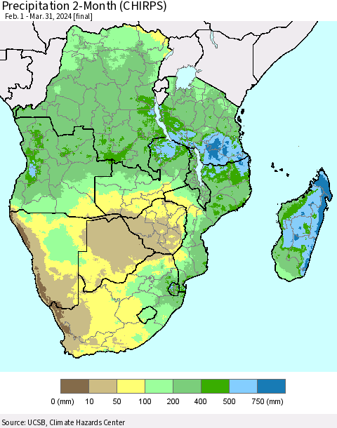Southern Africa Precipitation 2-Month (CHIRPS) Thematic Map For 2/1/2024 - 3/31/2024