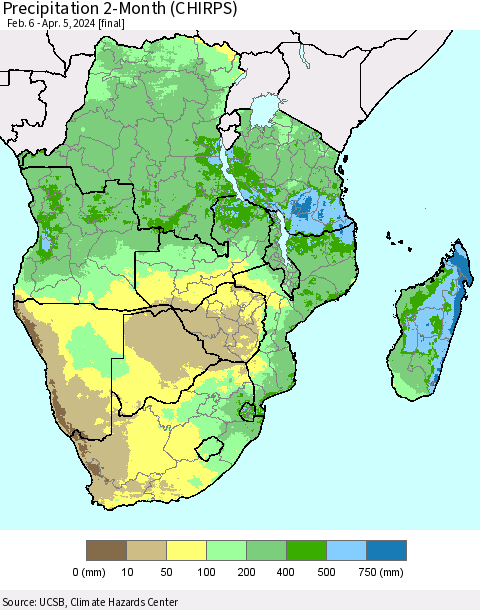 Southern Africa Precipitation 2-Month (CHIRPS) Thematic Map For 2/6/2024 - 4/5/2024