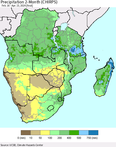 Southern Africa Precipitation 2-Month (CHIRPS) Thematic Map For 2/16/2024 - 4/15/2024