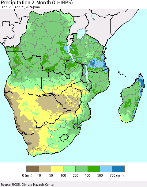 Southern Africa Precipitation 2-Month (CHIRPS) Thematic Map For 2/21/2024 - 4/20/2024