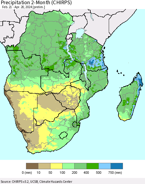 Southern Africa Precipitation 2-Month (CHIRPS) Thematic Map For 2/21/2024 - 4/20/2024
