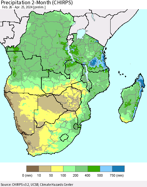 Southern Africa Precipitation 2-Month (CHIRPS) Thematic Map For 2/26/2024 - 4/25/2024