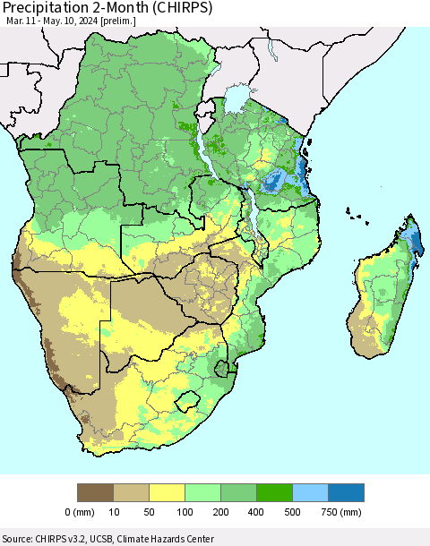 Southern Africa Precipitation 2-Month (CHIRPS) Thematic Map For 3/11/2024 - 5/10/2024