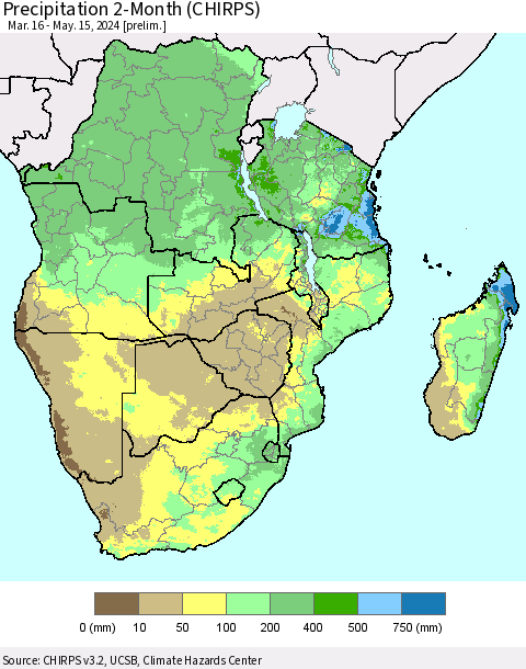 Southern Africa Precipitation 2-Month (CHIRPS) Thematic Map For 3/16/2024 - 5/15/2024